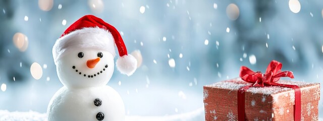 Fototapeta premium A snowman in a Santa hat stands next to a red gift box The box is adorned with a ribbon and a bow, both bright red