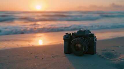 an elegant unbranded camera, set on a sandy beach in Carlsbad, CA with a sunset backdrop, photorealistic, cinematic quality 8K.generative ai