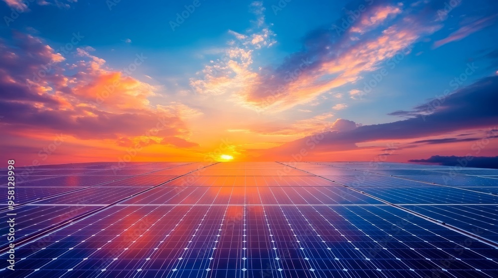 Wall mural clean power energy concept. solar panels with sunset and blue sky background.