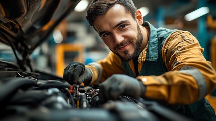 Mechanic checking the alignment of a car's wheels, using specialized equipment in a modern workshop