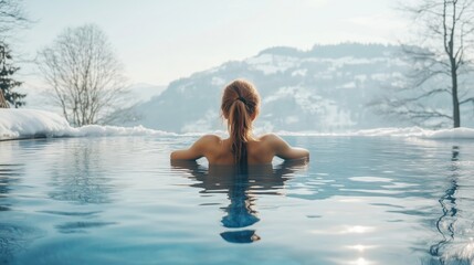 Fototapeta premium Relaxing in a serene outdoor pool surrounded by snow-covered mountains on a bright winter day