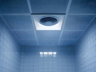 Pathogens on bathroom exhaust fans Pathogens, close-up view of a bathroom ceiling featuring a vent and tiles, showcasing cool blue tones and clean design aesthetics.