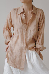 Elegant Woman Wearing Loose-Fit Beige Linen Button-Up Shirt and White Skirt in a Minimalist...