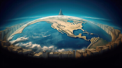 Flat earth atlas map, black background. The concept of globalization, saving the planet. AI generated.