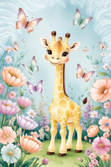 Fototapeta premium Cute giraffe in a bright floral garden surrounded by colorful butterflies