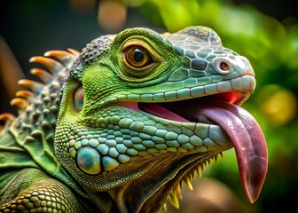 Fototapeta premium A reptile's green skin glistens, its bulging eyes staring intensely as a long, pink tongue curls upward, revealing a sinister grin.