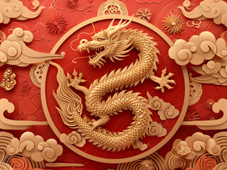 Obraz premium Golden Dragon on red background 