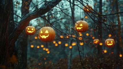 Rustic Halloween Scene with Glowing Pumpkin Lanterns Hanging in a Dark Enchanted Forest
