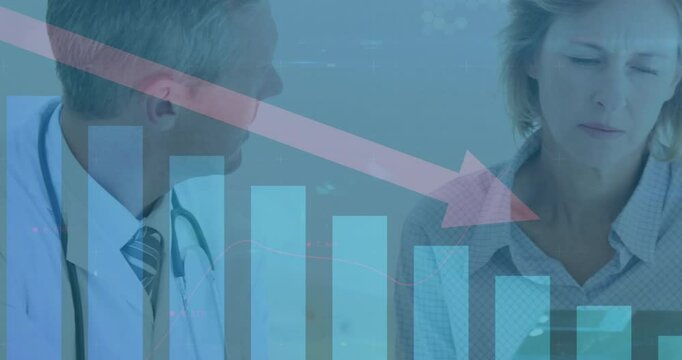 Declining bar graph and arrow animation over two people discussing in office