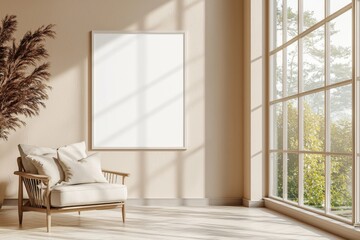 Poster Frame in Beige minimalist living room interior created with generative AI