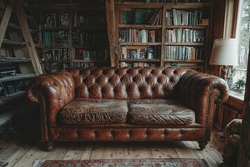 Vintage Leather Sofa in a Rustic Book-Filled Room