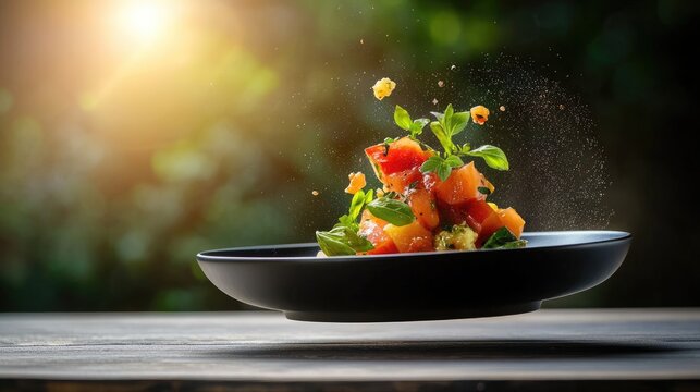 Sharp focus floating culinary dish illuminated by professional studio lights --ar 16:9 --personalize ndljnrh --v 6.1 Job ID: a97bf389-36d1-46ef-8a33-5a17105aadd9