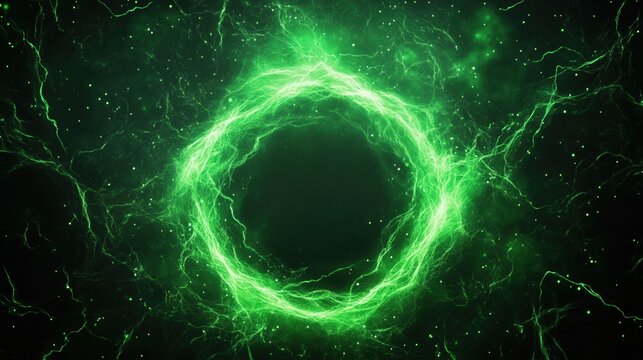 Emerald Energy Unleashed, vibrant green magic swirling dynamically from a radiant core against a deep black backdrop, evoking a sense of mystique and enchantment.