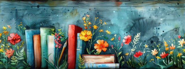 Fototapeta premium A cute watercolor featuring a stack of textbooks decorated with cute flowers.