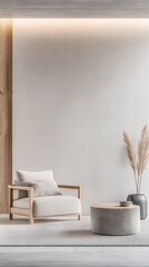 Minimalist living room interiors with elegant furniture and wood accents. Real Estate interior design composition in neutral tones.
