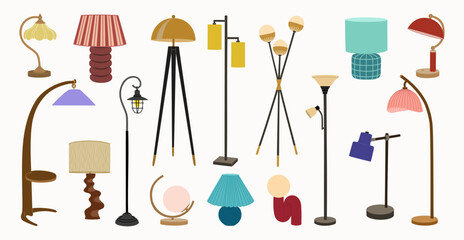 Set of different lamps. Floor and desk lamps.Home illumination for modern cozy interior. Hand drawn vector illustration isolated on white background. Flat cartoon style.