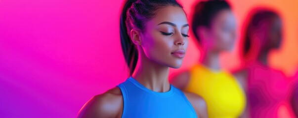 High energy fitness class featuring diverse participants engaged in synchronized dynamic movement within a vibrant colorful studio setting promoting wellness community and inclusive exercise