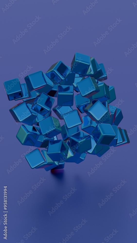 Poster floating blue cubes in abstract motion