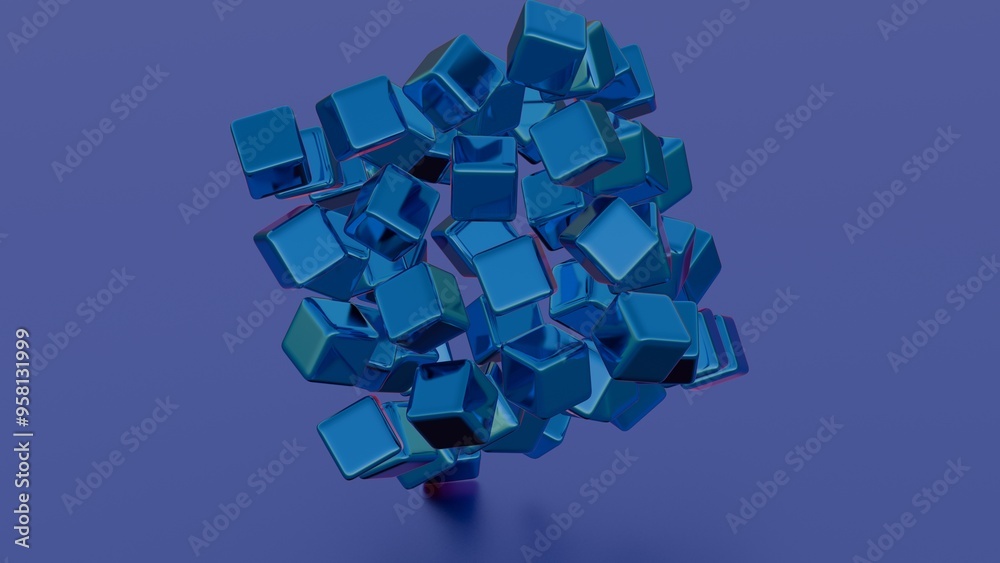 Poster floating blue cubes in abstract motion