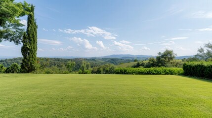 Obraz premium Lush Green Landscape with Distant Hills and Trees, vibrant yard stretching towards rolling hills, a serene blend of nature and tranquility in an idyllic setting