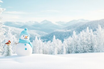 Fototapeta premium Snowman wearing blue hat and scarf, standing in a snowy field with snow-covered mountains in the background.