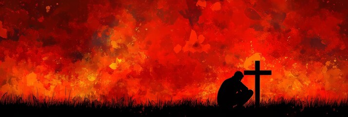 During twilight, a lone individual prays next to a cross, illustrating themes of faith, solitude, and inner peace.