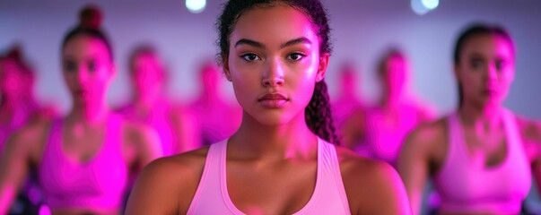 A diverse group of women engaged in an energetic spin class with dimmed lighting and neon accents creating an empowering and motivating atmosphere for their group workout