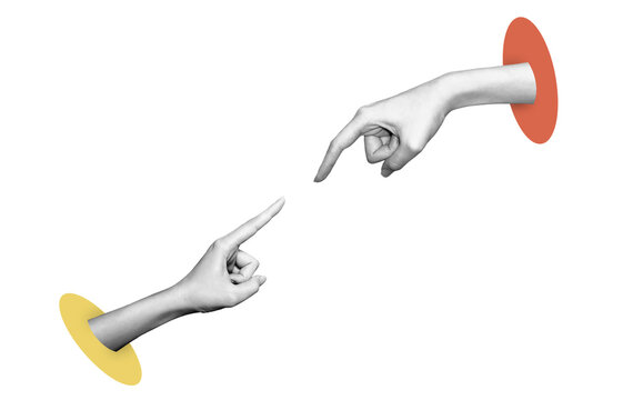 Hands Collage contemporary art isolated Halftone design. Social media communication. For creative ideas, quote.