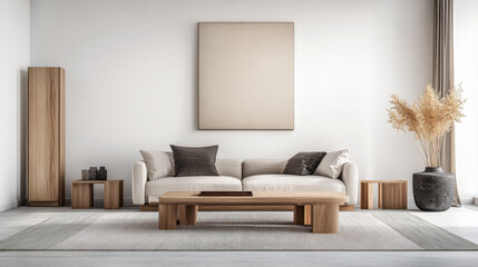 Minimalist living room interiors with elegant furniture and wood accents. Real Estate interior design composition in neutral tones.