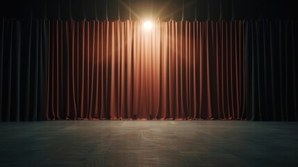 Theater Spotlight on Dark Curtains, an evocative scene where a single beam of light pierces the shadows, creating a captivating atmosphere of mystery and anticipation