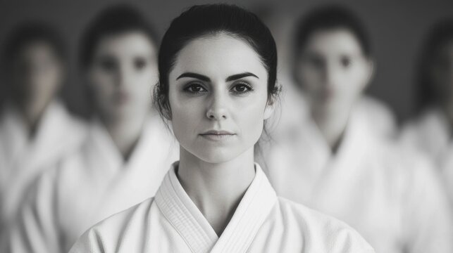 A group of people practicing various martial arts techniques together in a traditional dojo with a focus on maintaining proper form and discipline during their training session