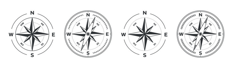 Wind rose compass navigation vector illustration on white background black icon set, North, South, East, West