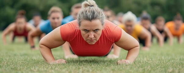 Diverse group of people participating in an outdoor boot camp workout working together on a grassy field to improve their fitness health and community spirit
