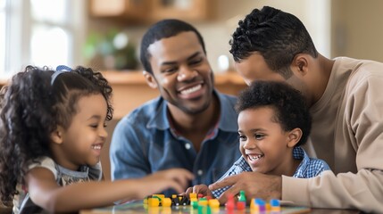 Obraz premium A family of four is playing a board game together.