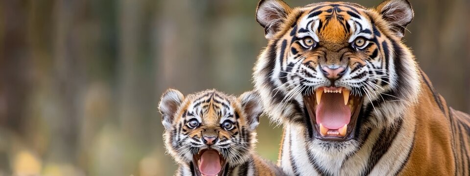  A mother tiger and her cub walk through the grass The cub's mouth is slightly open, while the mother's is wide open, likely expressing a yawn or a ro
