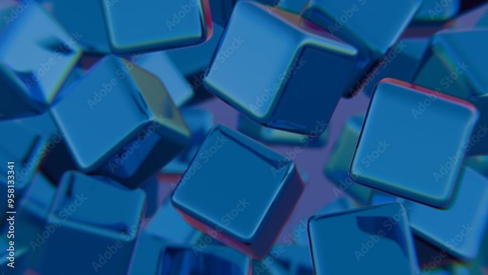 Poster floating blue cubes in abstract motion