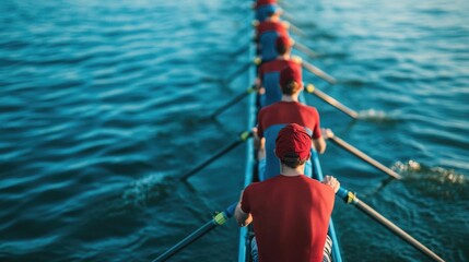 Obraz premium Synchronized Rowing Strokes Creating a Wave of Motion as Friends in a Rowing Class Work Together Showcasing Teamwork and Coordination During Aquatic Sport Activity