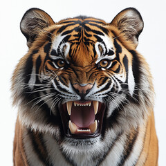 Fototapeta premium A fierce tiger displaying its powerful presence with a roaring expression, showcasing its magnificent fur and striking features.