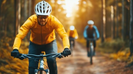 Group of Adventurous Friends Mountain Biking Together Through a Picturesque Forest Trail Capturing the Camaraderie and Thrill of Outdoor Fitness