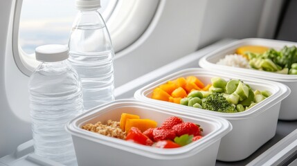 On a sleek and organized tray table are fresh and healthy airplane meals with seasonal vegetables, brown rice, and lean protein