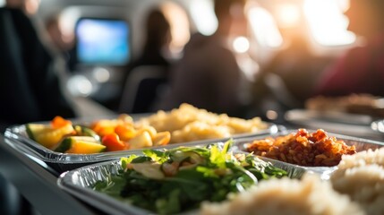 Colorful airplane food with seasonal vegetables, brown rice, and lean protein on a sleek tray table