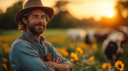 Obraz premium Organic farmer standing in a field of wildflowers, promoting biodiversity on the farm
