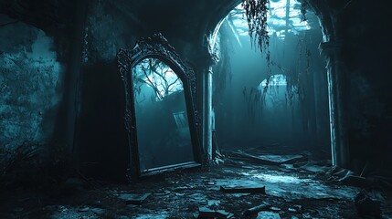 Model presenting a haunted mirror, highly detailed environment, eerie lighting, ultra-sharp photography