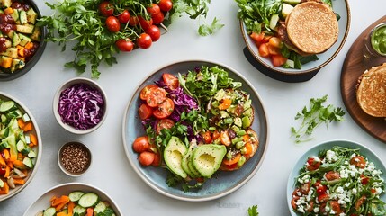 A vibrant, modern kitchen showcasing an array of plant based dishes like avocado toast, vegan burgers, and quinoa salads, with fresh vegetables and herbs