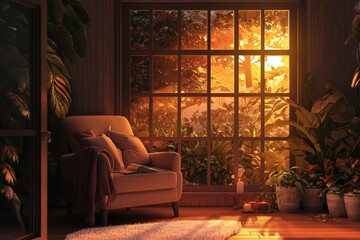 Intimate window nook with a soft armchair, warm lighting, and a view of a serene garden. Cozy vibe, Generative AI