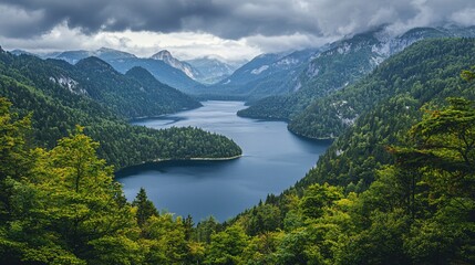 Scenic Mountain Lake Surrounded by Lush Forests Perfect for Nature and Travel Enthusiasts
