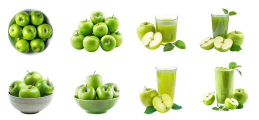 Collection of Green Apple fruit and juice isolate on transparent background