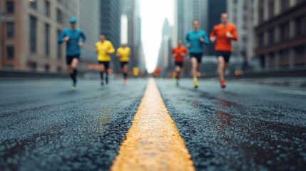 Fototapeta premium A group of determined marathon runners enduring the city challenge focused on the urban landscape as they push through the race with endurance and a sense of achievement