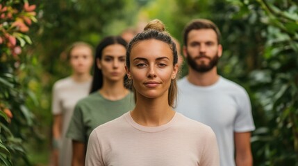 Fototapeta premium Group of people engaging in a mindful walking meditation session in a serene botanical garden focusing on inner peace wellness and spiritual connection with nature