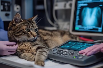 A veterinarian performs a diagnostic ultrasound on a cat. The concept of veterinary medicine